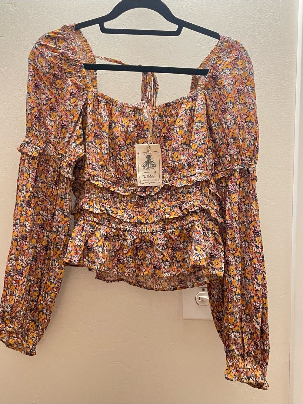 Easel Smocked Floral Ruffle Crop Blouse in Mustard